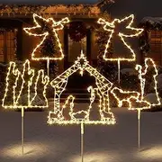 ElectricWise Outdoor Nativity Scene Set, Set of 5 Lighted Metal Christmas Silhouette Stakes, Holy Family, Front Yard, Lawn Decorations