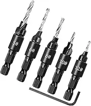 Meichoon Countersink Drill Bit Hex Shank Depth Adjustable Quick Release 3in1 Pilot Bits Tapered Chamfer Woodworking Drilling with Hex Wrench 5# 6# 8# 10# 12# 5 Pack Screw Hole Tools for Wood Plastic