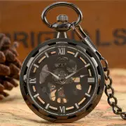 Steampunk Black Mechanical Hand Wind Pocket Watch for Men Skeleton FOB Chain