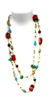 Single Strand Beaded 42" Necklace Faux Gemstones (Orange Blue Green) DECREE