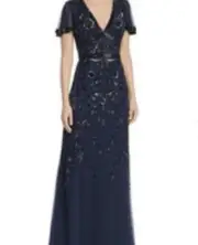 $495 NWT Aidan Mattox Beaded Gown Twilight Blue Flutter Sleeve V-Neck Sequin 2