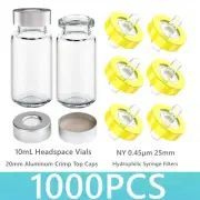 1000x 10mL Headspace Clear Vials &Caps Hydrophilic 0.45μm 25mm NY Syringe Filter