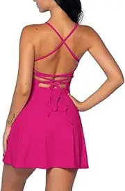 [IDOPIP] Women's Athletic Tennis Dress with Built-in Bras & Shorts - Pink, Sleeveless, Low Waist, Mini, Solid, XS, S, M, L, XL