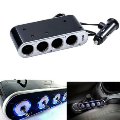 4 Way Multi Socket Car Cigarette Lighter Splitter USB Charger Adapter DC 12/24V