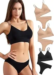 [Scacto] Women's 3 Pack Wireless Ribbed Knit Bra and Panty Set Matching Lingerie Set