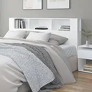 Wood Headboard Cabinet, 200 cm Wide, White Finish, Wall Mounted Storage for Bedroom