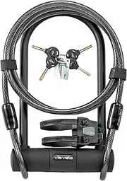 Bike U Lock with Cable | Via Velo Heavy Duty Anti-Theft Bicycle U Lock Sold Secure Silver 15mm Shackle Inner Dim 9 x 4.5 in with 10mm x 6Ft Length Cable Security Lock for Bike Electric Bike Scooter