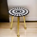 15" Black Round Marble Coffee Table Top Geometric Design Inlay Nightstand Table