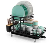 Giantex 2-Tier Dish Drying Rack Foldable Metal Dish Drainer w/Removable Drip Tray & 360° Swivel Spout Knife Holder Black