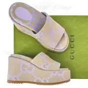 NEW GUCCI Macro GG Beige Monogram Canvas Platform Wedges Size EU 39 US 9
