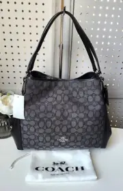 NWOT COACH MADISON PHOEBE SIGANTURE FABRIC & LEATHER SATCHEL, BLACK MSRP $299.00