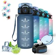 Children's Drinking Bottle, 500 ml, Water Bottle with Straw, Can Be Carried, Leak-Proof Drinking Bottle with Motivational Slogan, Water Bottle for School, Travel, Running, Navy Blue