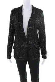 Flora Ashley Womens Sequined Single Button Blazer Jacket Black Size Medium
