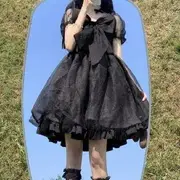 Puff Sleeve Square Neck Plain Bow Ruffle Mesh Mini A-Line Dress Black - S