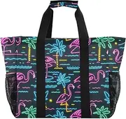 [sanluoli] Bag For Trunk Foldable Large Beach Bag With Pockets Canvas Laundry Totes, Summer Neon Flamingo Coconut Tree, 1 size
