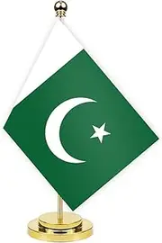 Pakistan Desk Flag,12 inch Tall Small Pakistani Indoor Banner,Tiny Printing Decor For Office Home Table Meeting With Golden Metal Pole Base