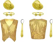 [iiniim] Kids Boys Girls Hip Hop Jazz Stage Performance Dance Vest Tops Sparkly Sequins Waistcoat Jacket 7-14 Years