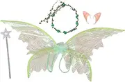 CAXUSD 1Set Fairy Wings Adults Green Butterfly Costume with Floral Garland Hair Band Wand and Elf Ears for Halloween Cosplay and Party Events