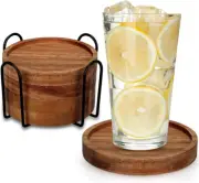 6 Pcs Wooden Coaster Set with Holder for Coffee Table and Kitchen