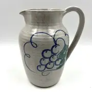 Studio Art Pottery Artist Signed Large 9" Handmade Pitcher Blue White Grapes
