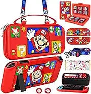 Xinocy for Nintendo Switch 9 in 1 Storage Accessories Kit with Travel Carrying Case+Switch Protective Cover+Game Case Holder+Strap+Sticker+2 Joycon Shells+2 Thumb Caps Cute for Boys Kids Girls -Red