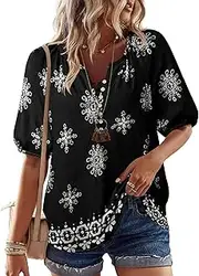 [Unixseque] Women's Chiffon Short Sleeve Office Blouses V Neck Casual Business Tops Work Shirts