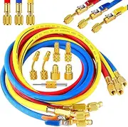 Innconee 10 Pcs AC Manifold Gauge Hose with R410a Mini Split Adapter Tank Adapter Refrigerant Charging Hose for R134a R410a R404a R12 R22 Refrigerants(Bright,72 Inch)