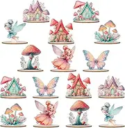 VercanMonth 16 Pcs Small Fairy Figurines Wooden Garden Mini Fairies Figurines Miniature Fairies Mushroom Butterfly Miniature Fairy Sculpture Decoration for Home Table Woodland Birthday Party Decor