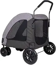 Folding pet Stroller cart for Large Dog,Cabin with Front and Back mesh Door,top mesh Window,Swivel Front Wheel,Rear Wheel with Foot Brakes,Push Trolley pram