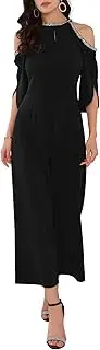 [WOMLAYOUT] Women's Halter Jumpsuits Sequin Cold Shoulder Split Sleeve Party Cocktail Wide Leg Jumpsuits