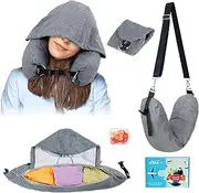 [EZ4UVOY] Stuffable Neck Pillow for Travel with Hood, Hoodie Travel Pillow Stuffable with Clothes, Fillable Travel Pillow Storage Bag, Soft Empty Neck Pillow Case, Packable for Airplane Travel Essentials