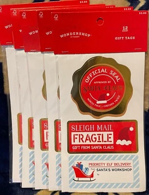 NEW WONDERSHOP 12CT PEEL/STICK JUMBO SANTA ELF CHRISTMAS GIFT TAGS - SET OF 5