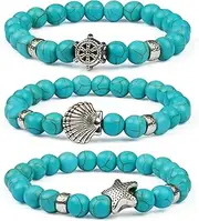 [BOYODER] Handmade Gemstone Round Beads Bracelets Set Blue Sea Charm Stretch Bracelets Natural Stone Summer Beach Yoga Beads Bracelets Jewelry for Women Girls Gifts(3pcs), Gemstone