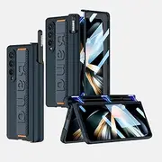 Magnetic Hinge Pen-Box Phone Case for Samsung Galaxy Z Fold 4, Folding Shell with Wristband for Z Fold4, Protective Cover with Tempered Glass Film