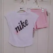 NWT 2pc Nike White Pink Top Sparkling Logo & Pink Shorts Set sz 6 or 6X