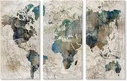 Goldfoilart Vintage World Map Canvas Wall Art Large Poster Teal Blue Painting Pictures Artwork Decor for Living Room Bedroom Office Kitchen Decorations 16" x 32" x 3pcs