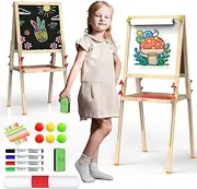JOYOOSS Kids Easel, Toddler Art Easel, Dual-Sided Adjustable Wooden Magnetic Board, Red, Contemporary Style, Art Easel