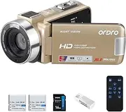ORDRO Video Camera Camcorder Full HD 1080P 30FPS Digital YouTube Vlogging Camera Video Recorder with 18X Zoom, Night Vision, 3.0'' 270 ° Flip Screen 16GB Card Remote Control, 2 Batteries (Golden)