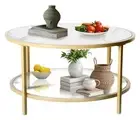 FurnitureR Coffee Table, Small Round Coffee Table with Faux Marble Top and Gl...