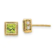14k Yellow Gold Square Peridot and Real Diamond Earrings