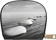 [JEJEA] Grey Zen Stones Picture Print Credit Card Holder Wallet, Small Card Holder Wallet with Zipper,Leather Card Holder, White, One Size