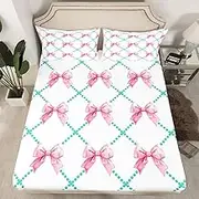 Feelyou Cute Bow Bed Sheet Set Girls Bow Fitted Sheet for Kids Boys Girls Teens Room Decor Cute Bowknot Bedding Set Queen Size Kawaii Pink Bed Cover 3Pcs