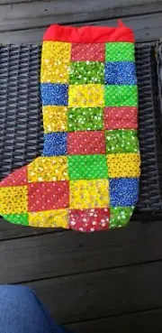 Christmas Stocking Patchwork Fabric Quilted Colorful Print Handmade 20" Vintage