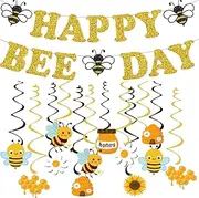 Bee Birthday Party Decorations,Gold Glitter Happy Bee Day Banner with Bumble Bee Hanging Swirl Decorations for Baby Shower Gender Reveal Party Decor Supplies