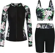 Grace Karin Women 3 Piece Rash Guard Built-in Bra Long Sleeve Zip Front Swim Shirt Beach Surfing Swimsuits