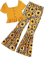 [SOLY HUX] Girl's Two Piece Outfits Summer Tops Short Sleeve T-Shirt Graphic Tee & Floral Print Flare Leg Pants Set
