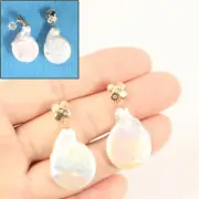 14kt Yellow Gold Genuine Diamonds Baroque White Coin Pearl Dangle Stud Earrings