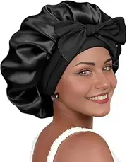 Satin Silk Bonnet Sleeping HYALURONIC Acid Satin Bonnet for Double Moisture Curly Hair Anti-Frizzy Cute Large Shower Night Sleep Cap with Adjustable Tie Band for Women and Men(Standard Black)