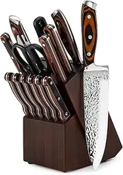 Knife Set,15 Pieces Kitchen Knife Set with Wooden Block,High Carbon Japanese Stainless Steel Knife Block Set,Ultra Sharp, Full-Tang Design,Irregular Hammer Pattern（Wood Holder）