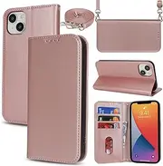 Cavor Crossbody Wallet for iPhone 13/ iPhone 14 Case 6.1'' PU Leather Magnetic Flip Cover with Card Slots Kickstand Shoulder Lanyard Protective Phone Cases for Women Man-Long Strap Pink